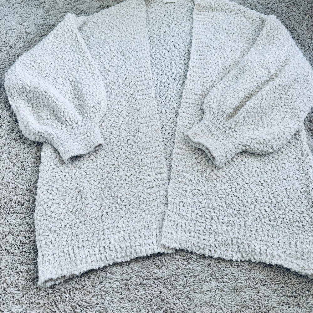 Joyfolie Cream Cardigan Sweater with Balloon Sleeves with a hint of sparkle.